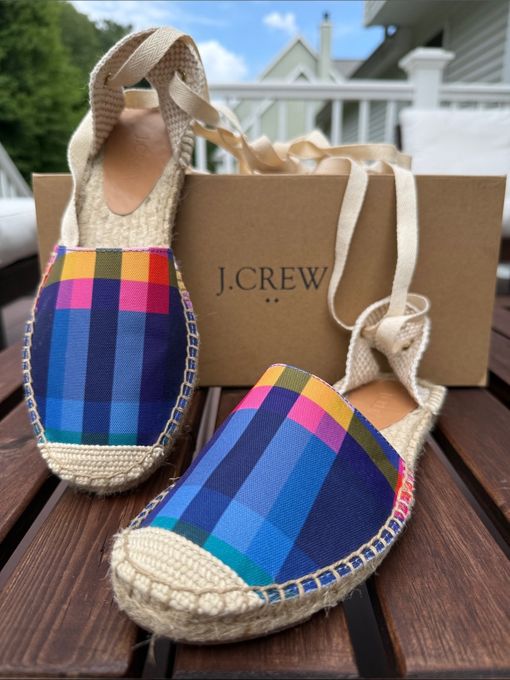 J. Crew Multicolor Plaid Espadrille Tie-Up Flats